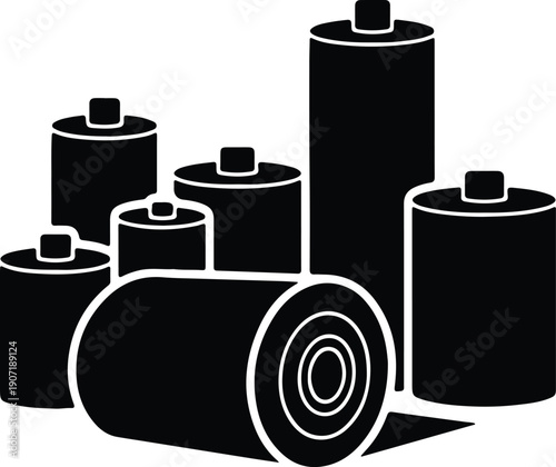 silhouette group of cylindrical batteries and rolled paper vector design