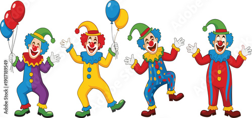 Funny cartoon clown character vector set featuring colorful circus performers with balloons playful party illustration collection
