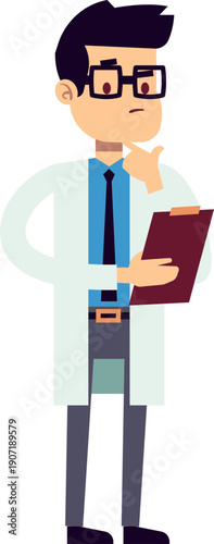 Patient history check. Cartoon medical doctor character