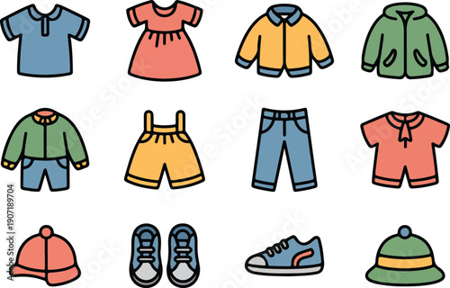 Cartoon children fashion set isolated on transparent background with colorful clothes and accessories for kids.