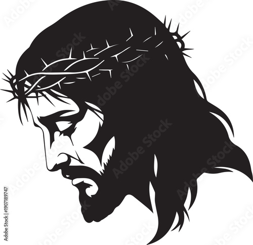 Jesus profile vector silhouette illustration line art wearing a painful crown of thorns