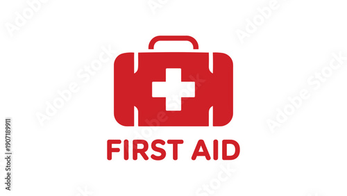 Red first aid kit icon with white medical cross and bold emergency text symbolizing healthcare, safety, medical assistance, and emergency aid