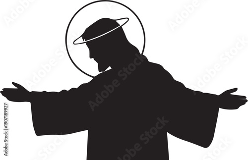Jesus silhouette vector illustration halo line art outstretched arms
