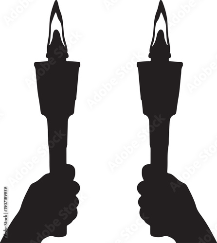 Two hands holding candlesticks with lit candles isolated on transparent background