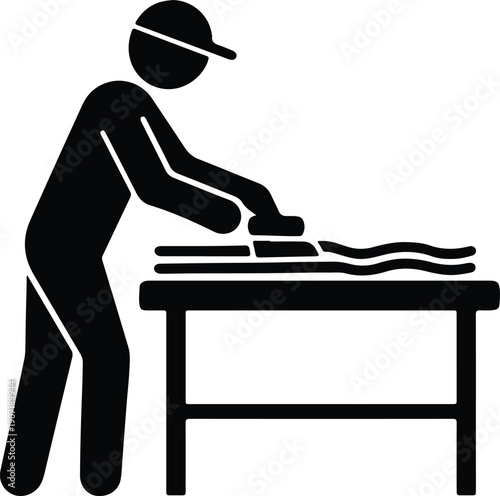 silhouette person ironing clothes on a table with a cap vector design
