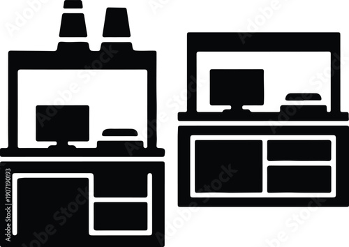 silhouette simple counter and display desk with monitor vector design