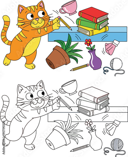Playful Cartoon Cat Knocking Items Off a Shelf Vector Illustration for Kids Coloring Book