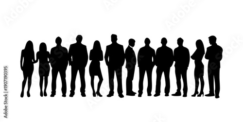 Silhouettes Group of Casual People in a Row .Diverse group of male and female business people silhouettes standing vector illustration
