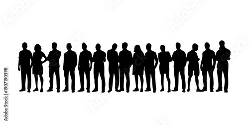 Silhouettes Group of Casual People in a Row .Diverse group of male and female business people silhouettes standing vector illustration
