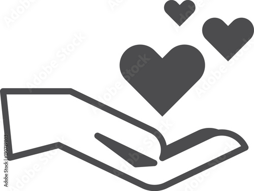 Hand with hearts. Love and caring line icon. Charity symbol