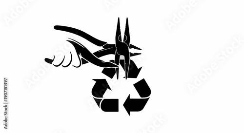 Hands using pliers to manipulate a recycling symbol, illustrating repair and reuse concepts.