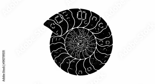 Abstract black and white nautilus shell spiral pattern