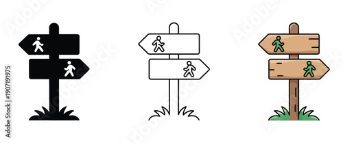 Minimal Travel Hiking Trail Sign with Two Arrows, clean flat vector design showing hiking trail directions, outdoor exploration, nature paths, trekking guides, campsite wayfinding