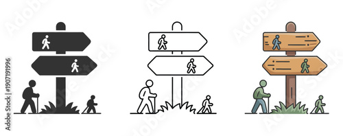 Minimal Travel Hiking Trail Sign with Two Arrows, vector illustration featuring simple directional trail signs, outdoor adventure symbols, nature navigation, trekking paths