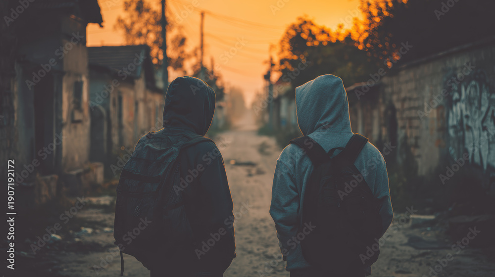 Fototapeta premium Young guys, possibly plugs, discussing sketchy stuff in the street, evening light