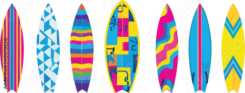 Vibrant colorful surfboard vector collection featuring abstract geometric patterns and modern tropical summer beach board designs set