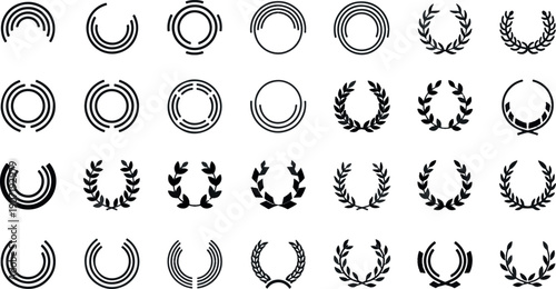 Laurel Wreath and Circular Frame Icon Set for Award, Victory, Luxury Branding and Quality Certification Symbols
