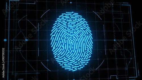 A close-up digital rendering of a glowing blue fingerprint on a grid-lined black background