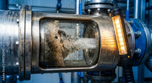 Industrial filter housing backflush viewed through inspection window