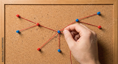 Hand connecting red string on corkboard with push pins