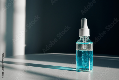 Photography Dropper bottle containing blue liquid two-phase skincare serum on table with har