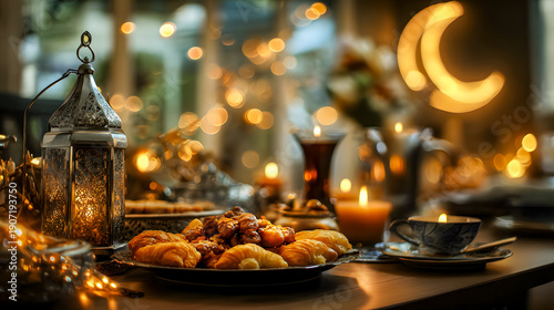 Ramadan banner with lantern glowing with candles and sweets on table, cozy cushions and string lights in background. Ramadan Kareem, Eid Mubarak, hospitality, and cultural celebration concept	