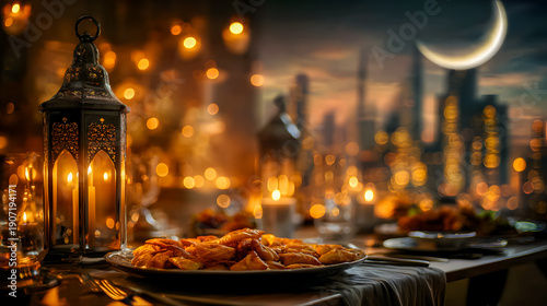 Ramadan banner with lantern glowing with candles and sweets on table, cozy cushions and string lights in background. Ramadan Kareem, Eid Mubarak, hospitality, and cultural celebration concept	