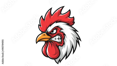 Close up mascot head of an angry rooster with a bright red comb and intense gaze creates a powerful and aggressive brand identity.