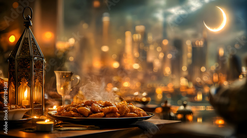 Ramadan banner with lantern glowing with candles and sweets on table, cozy cushions and string lights in background. Ramadan Kareem, Eid Mubarak, hospitality, and cultural celebration concept	