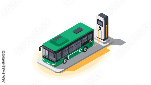 Electric bus charging station in isometric style with green design and modern technology