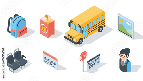Isometric school bus and related objects for back to school concept
