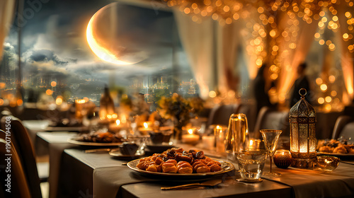 Ramadan banner with lantern glowing with candles and sweets on table, cozy cushions and string lights in background. Ramadan Kareem, Eid Mubarak, hospitality, and cultural celebration concept	