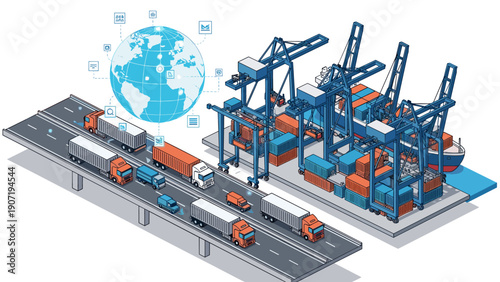Isometric cargo port with loading cranes and global shipping network