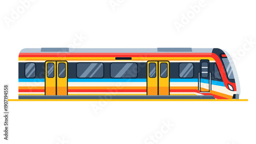 Colorful modern train side view with stripes on white background
