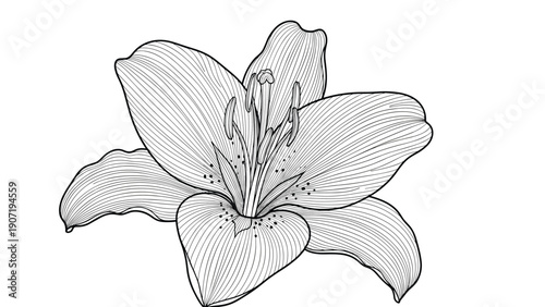 Detailed engraving of a lily flower bloom in monochrome line art style showing petals and reproductive organs on white.