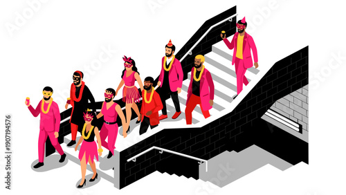 Colorful party crowd in isometric style descending stairs