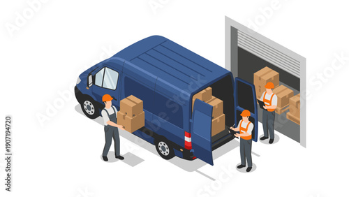 Isometric delivery van with workers loading and unloading boxes in a warehouse setting