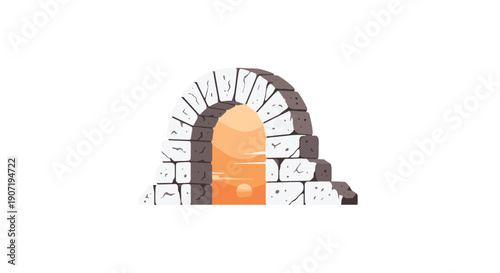 A weathered stone archway with rugged grey and white bricks, showing a vibrant orange and yellow light emanating from within its depths.