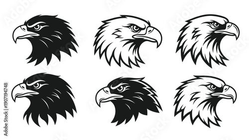Collection of six eagle head profiles in different styles and orientations using black and white graphic elements.
