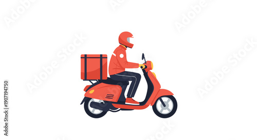 A side view of a delivery person wearing a red helmet and jacket, riding a vibrant red scooter with a matching red delivery box on the back.