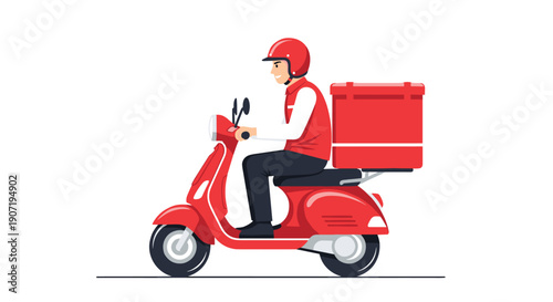 A cheerful delivery person in a red uniform and helmet, sitting on a classic red vintage-style scooter with a large red delivery box on the rear rack.