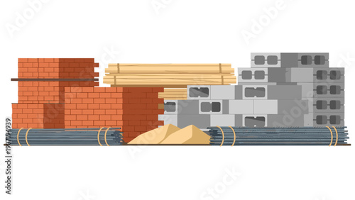 Building materials collection: bricks, lumber, concrete blocks, steel bars, and sand