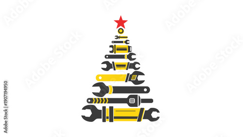 Christmas tree made of tools with red star topper on white background