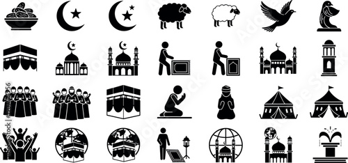 Comprehensive Islamic Icon Set Featuring Kaaba Mosque Crescent Moon Sheep Dates and Prayer Symbols for Hajj Ramadan and Eid Mubarak Designs