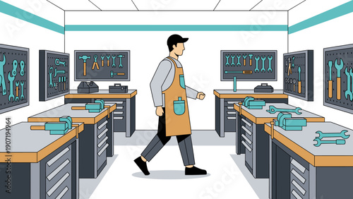 Worker in apron walking in workshop with tools on walls and benches