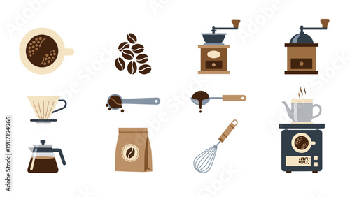 Coffee essentials collection: grinder, beans, and brewing tools set
