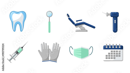 Dental care equipment set including chair, mask, and tools in flat style