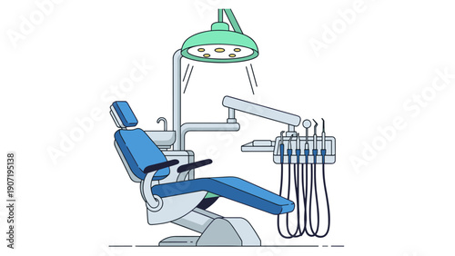 Modern dental chair setup with equipment and overhead lighting in outline style