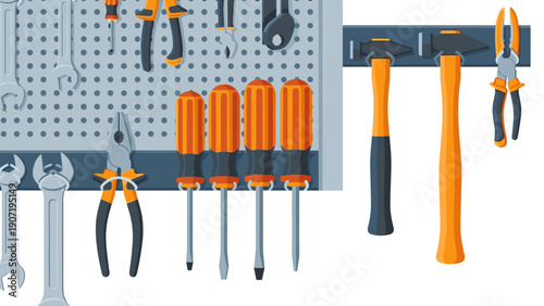 Organized workshop tools on wall pegboard with hammers and screwdrivers