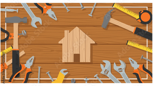 Home repair tools framing wooden house on rustic surface